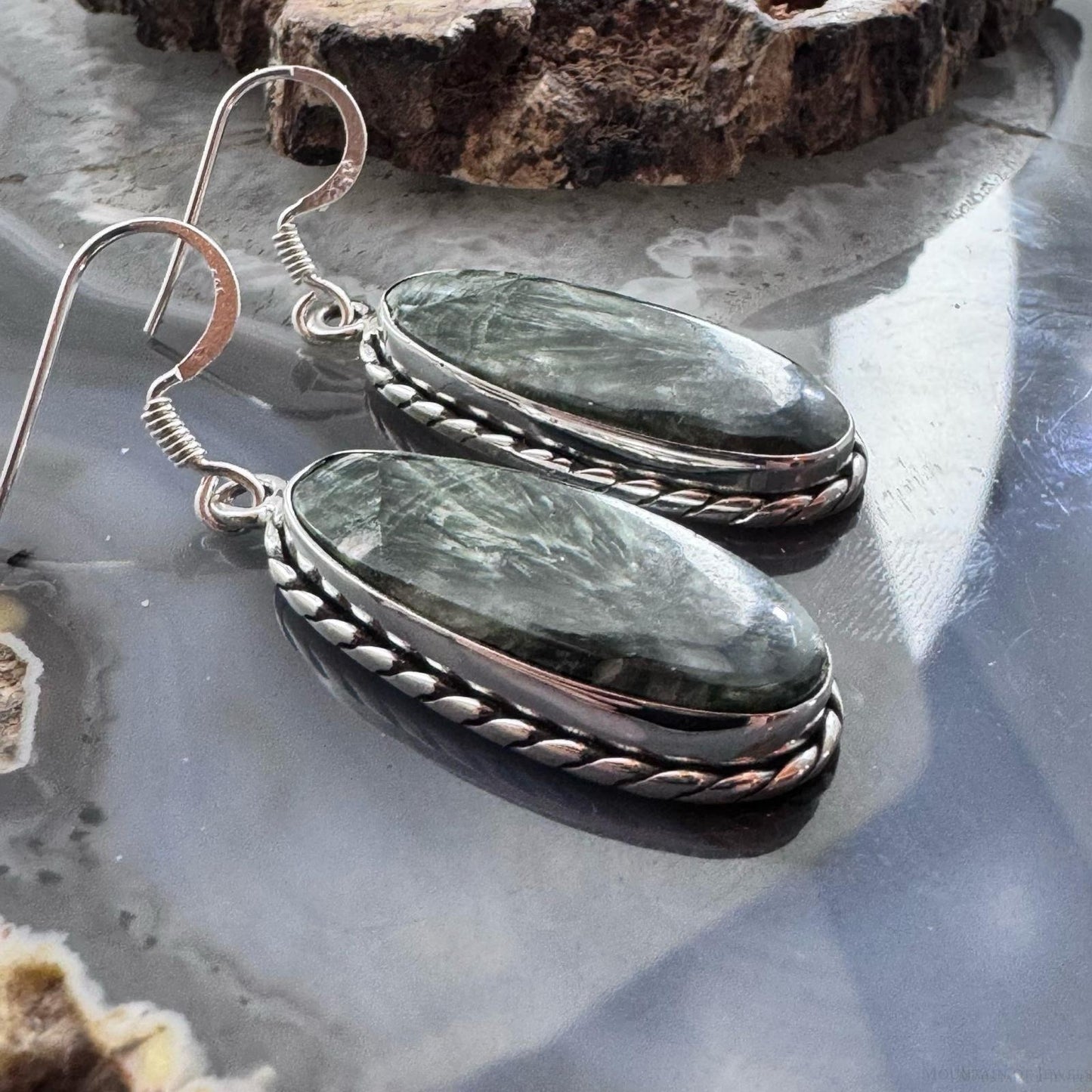 Sterling Silver Southwestern Style Elongated Oval Serpentine Dangle Earrings For Women