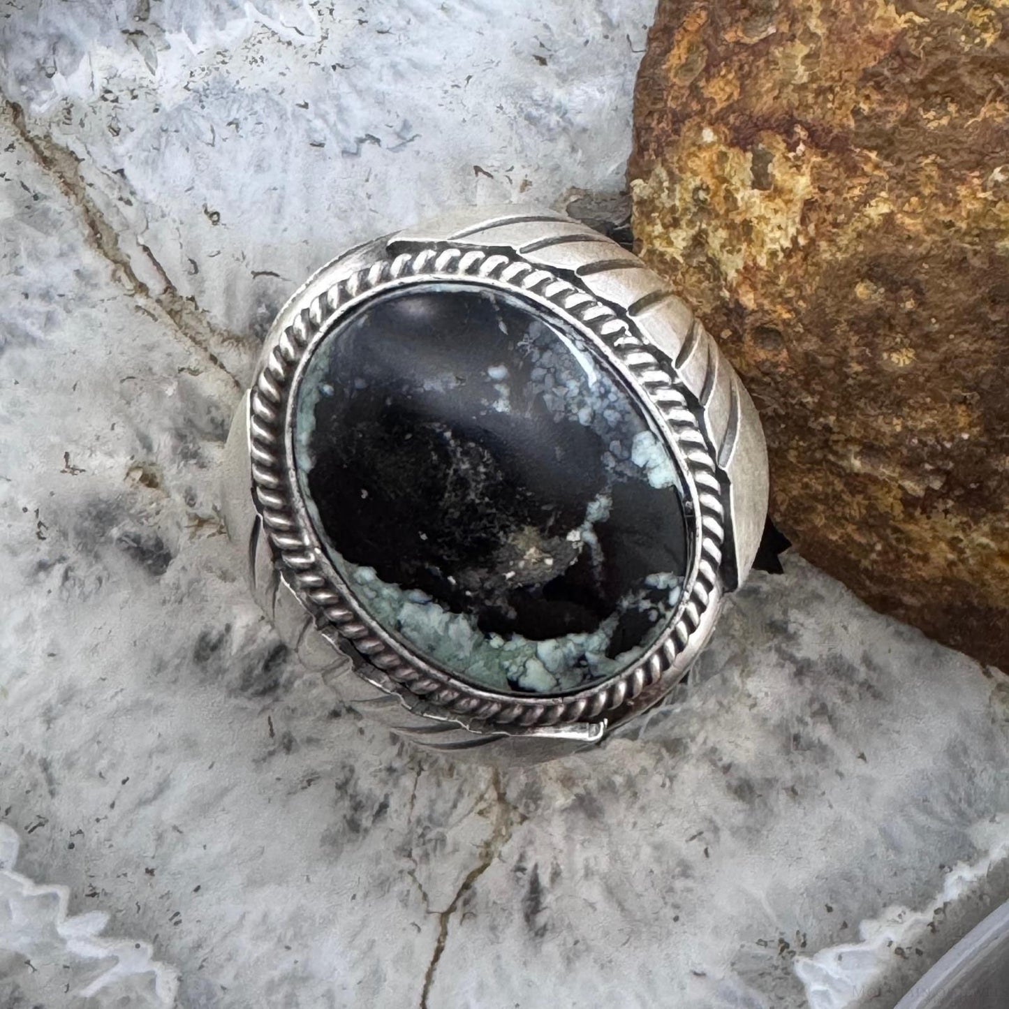 Native American Sterling Oval Black Jack Shield Ring Size 11 For Men