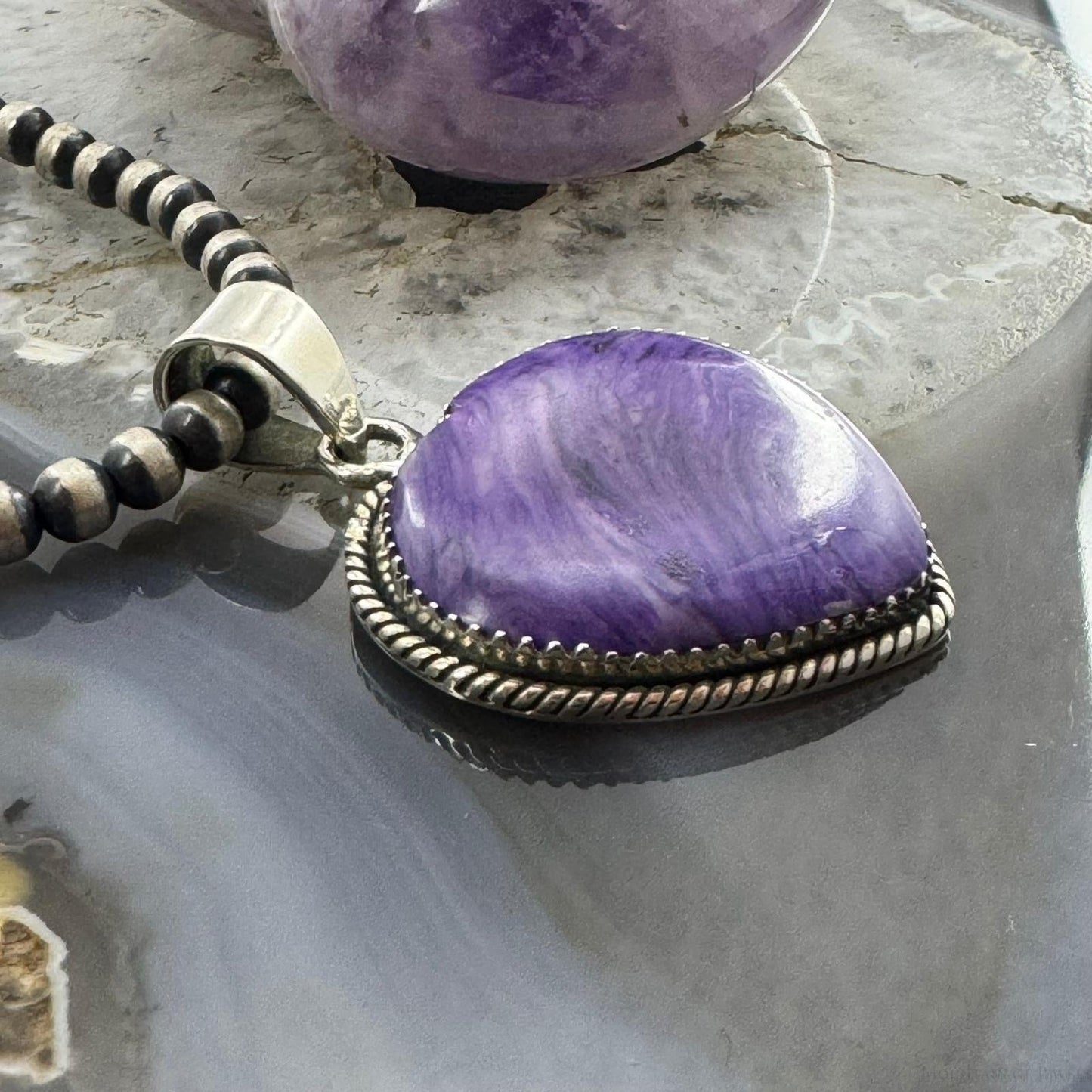 Sterling Silver Southwestern Style Charoite Heart Shape Pendant For Women