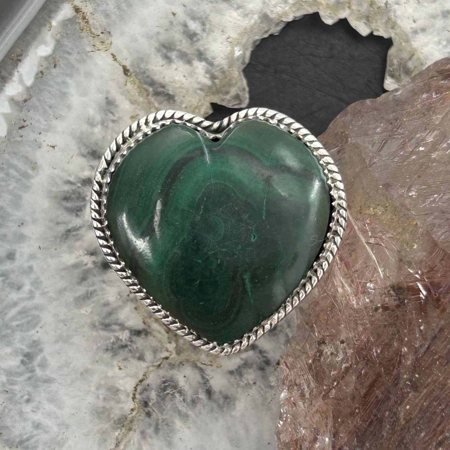 Sterling Silver Southwestern Style Malachite Heart Shape Ring Size 10 For Women