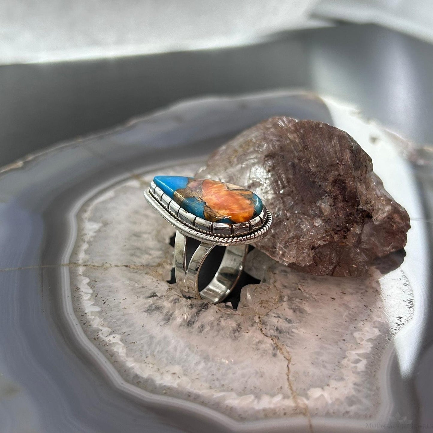 Sterling Silver Southwestern Style Teardrop Turquoise Spiny Oyster Ring Size 10 For Women