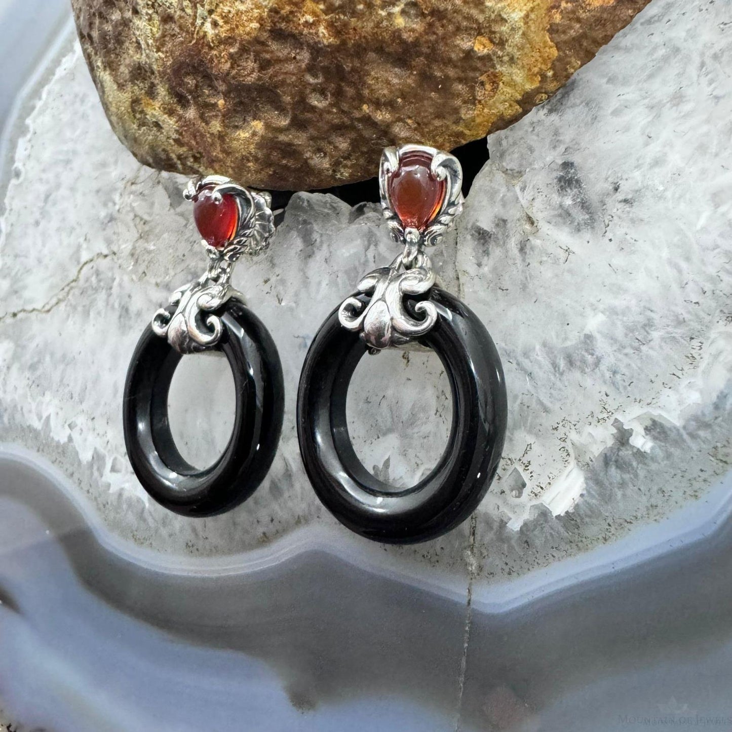 Carolyn Pollack Sterling Silver Onyx Hoop & Carnelian Dangle Earrings For Women