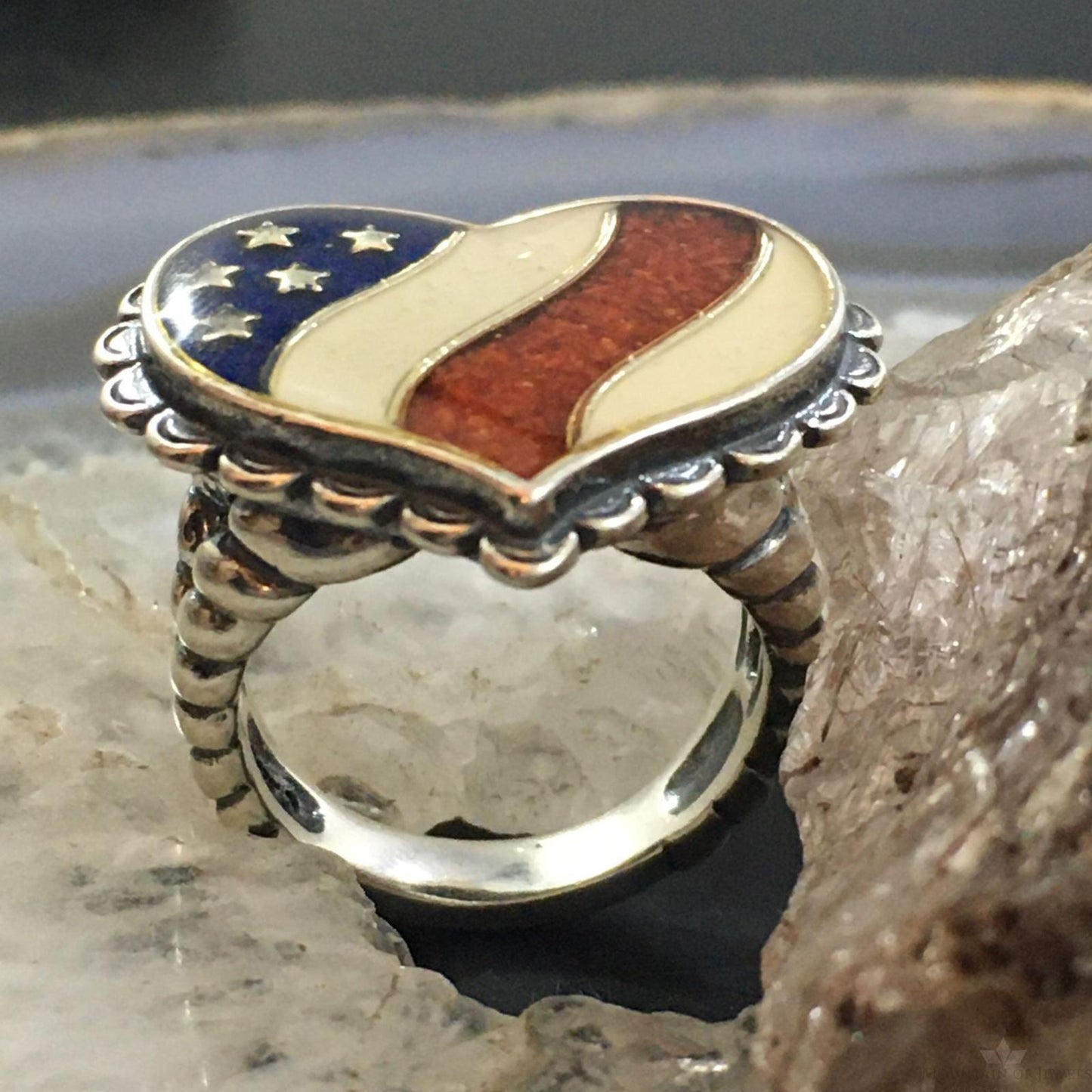 Carolyn Pollack Vintage Southwestern Style Sterling Silver Heart Shape American Flag Ring For Women