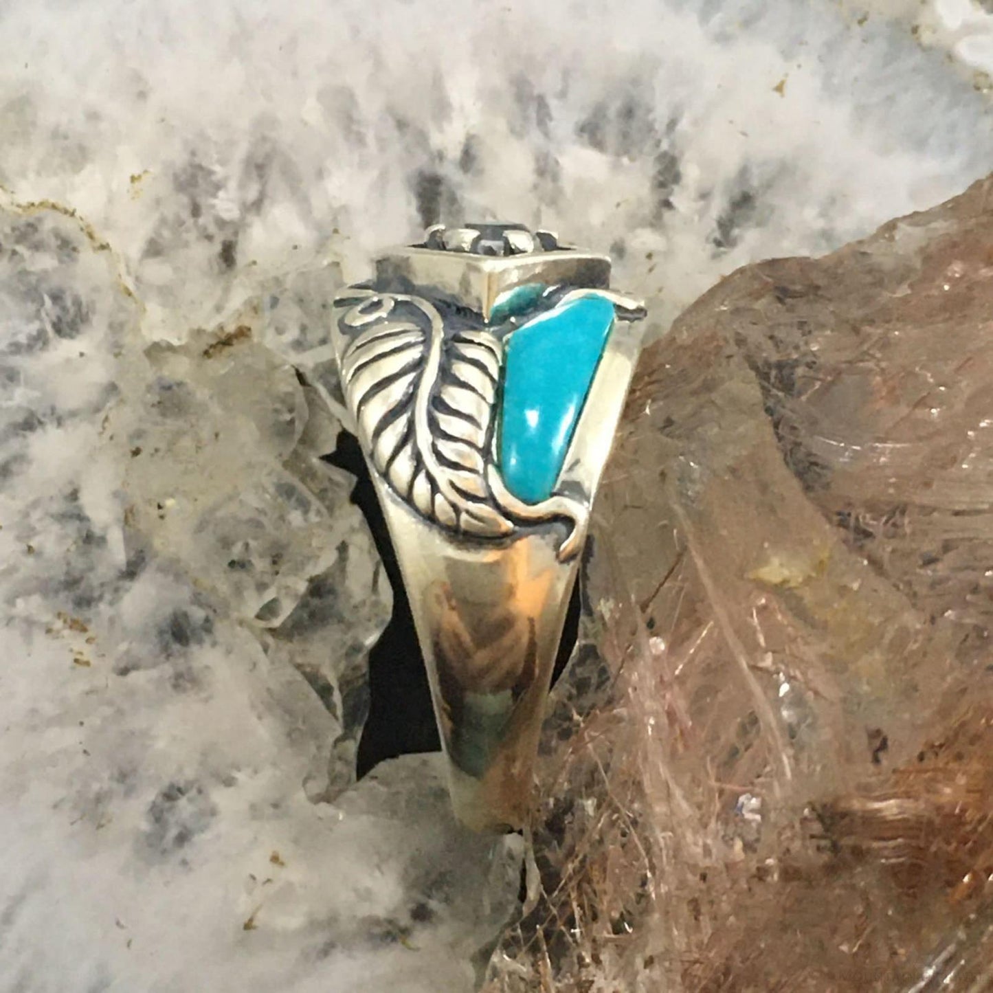 Carolyn Pollack Southwestern Style Sterling Silver Turquoise & White Topaz Decorated Ring