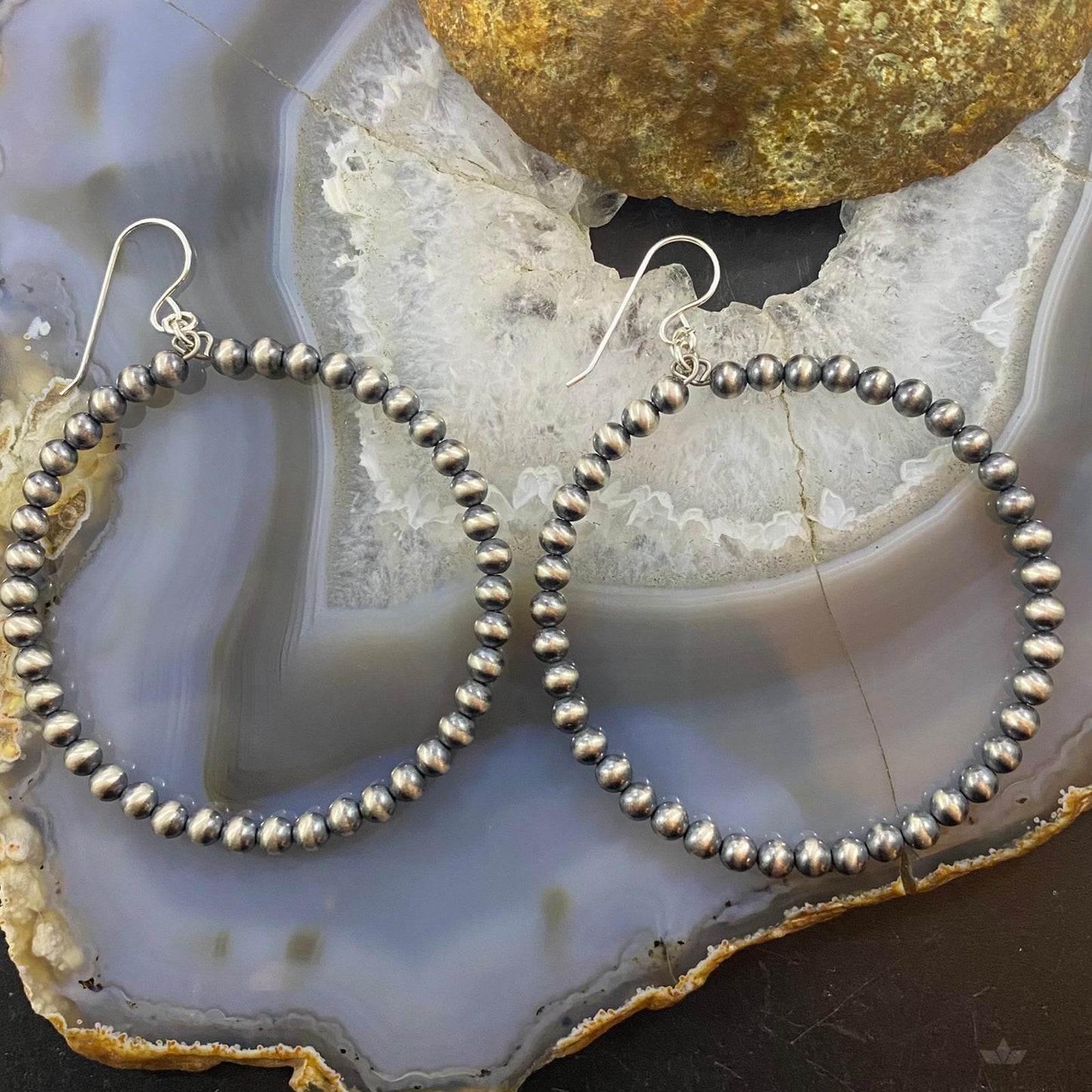 Native American Sterling Silver Navajo Pearl Beads 4mm Hoop Dangle Earrings