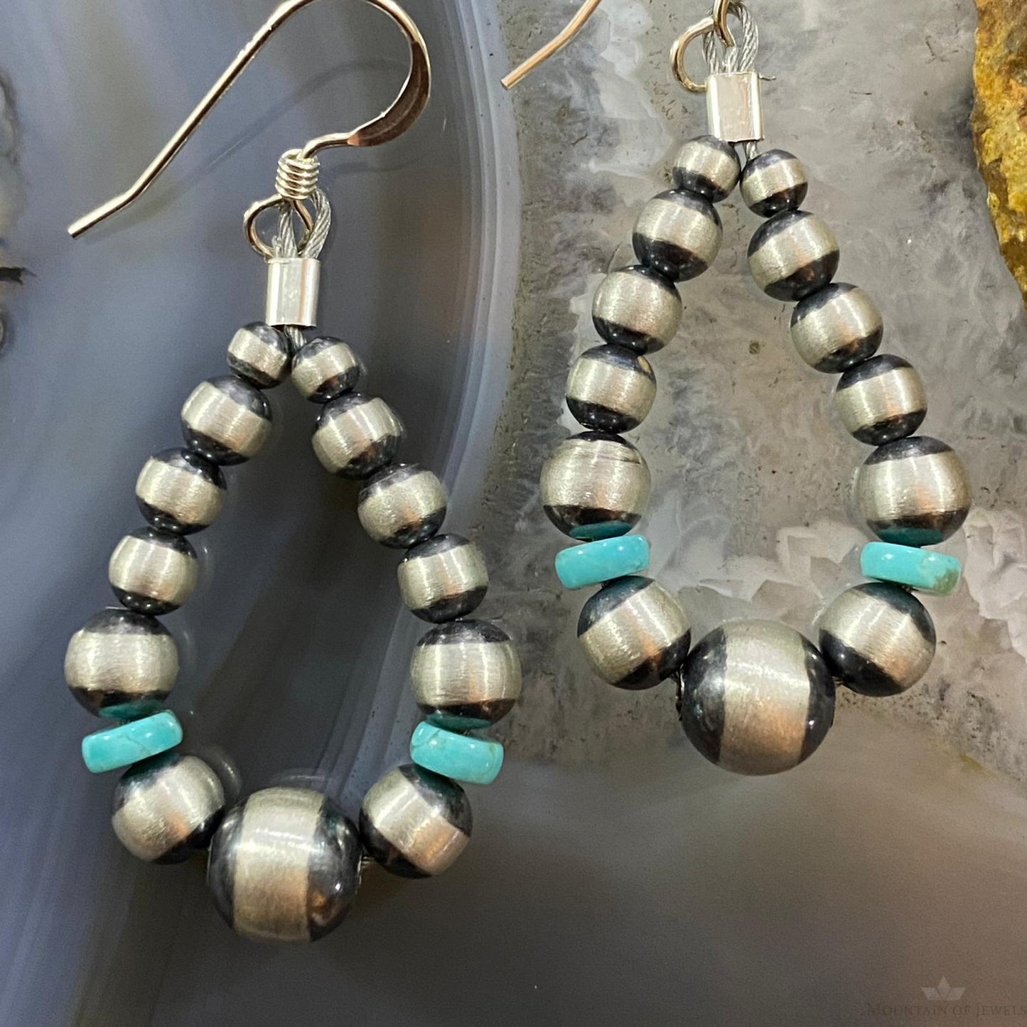 Graduated Navajo Pearl Beads &Turquoise Sterling Hoop Dangle Earrings For Women