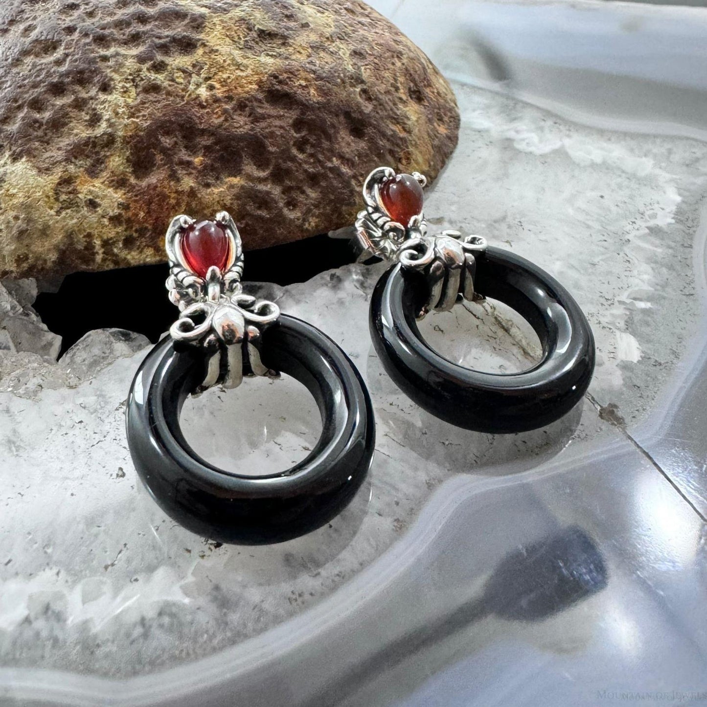 Carolyn Pollack Sterling Silver Onyx Hoop & Carnelian Dangle Earrings For Women