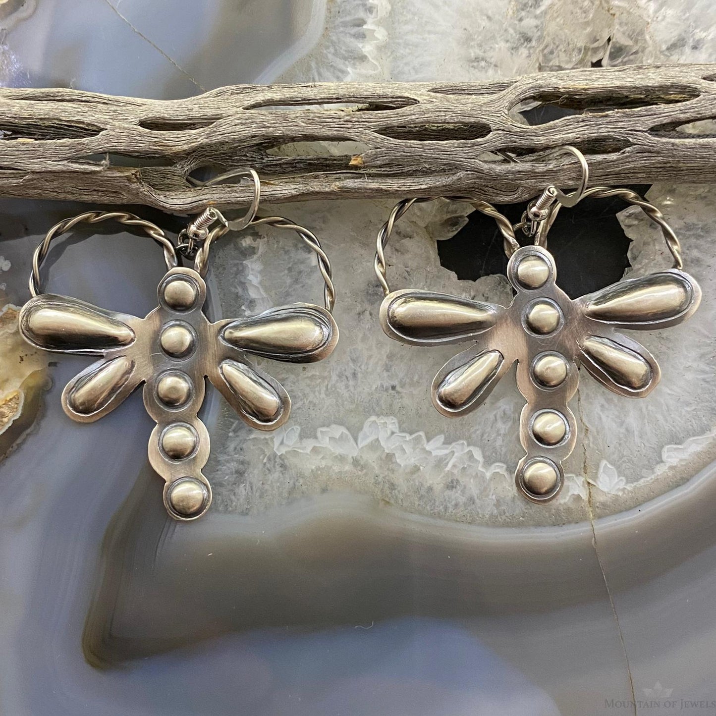 Sterling Silver Repousse Dragonfly Dangle Earrings For Women