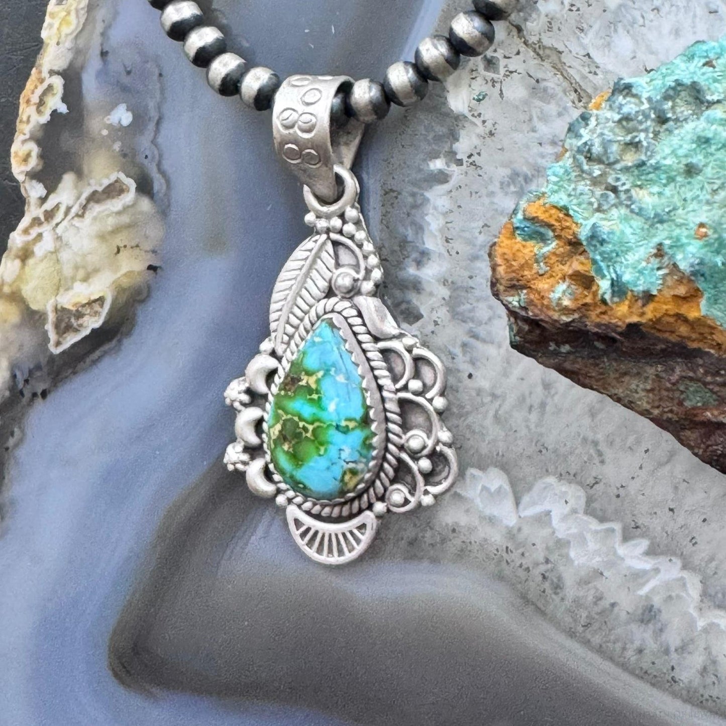 Sterling Silver Southwestern Style Teardrop Sonora Gold Turquoise Decorated Pendant For Women