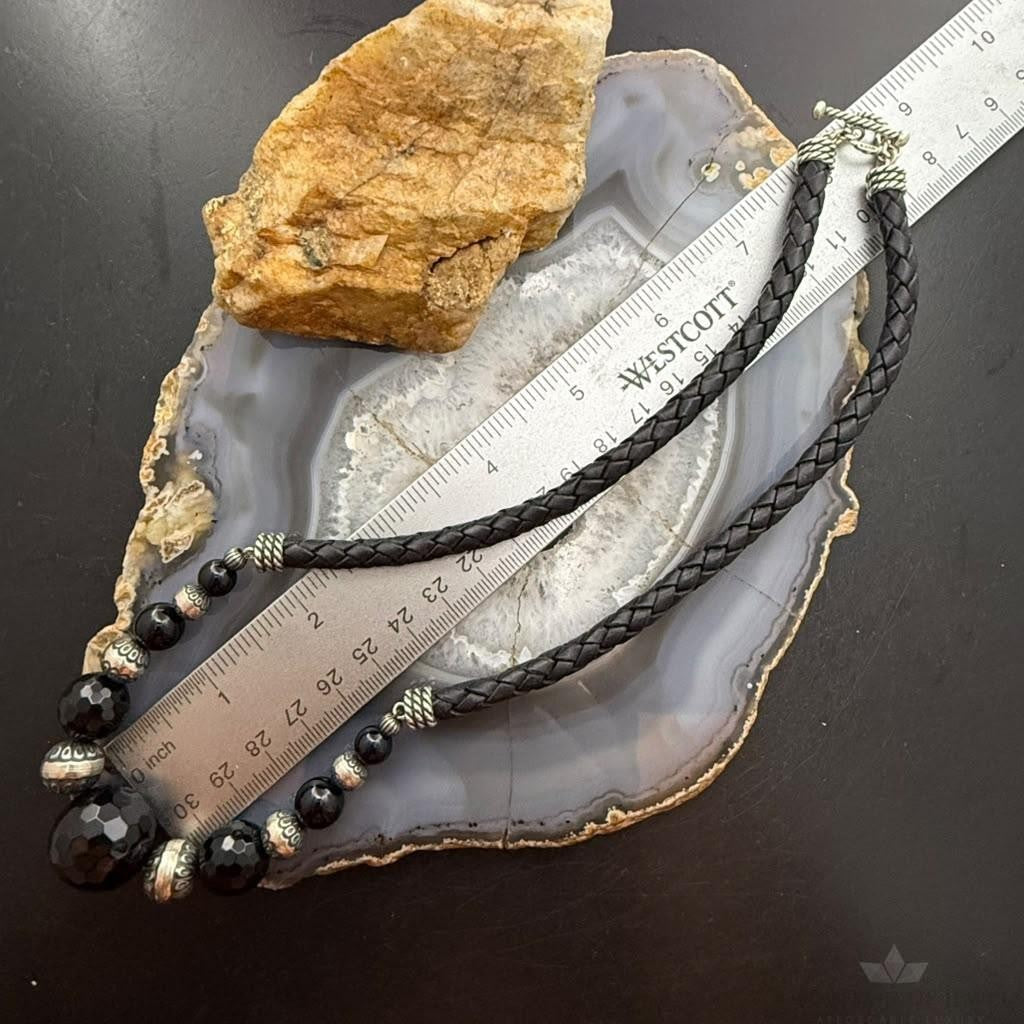 Carolyn Pollack Sterling Rounded & Faceted Onyx Beads Braided Leather Necklace For Women