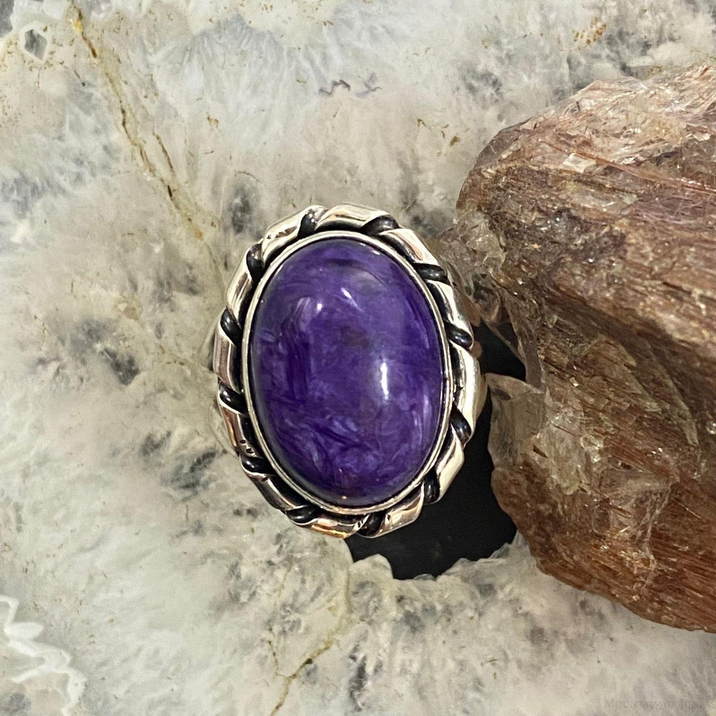 Native American Sterling Silver Oval Charoite Decorated Ring Size 8.5 For Women