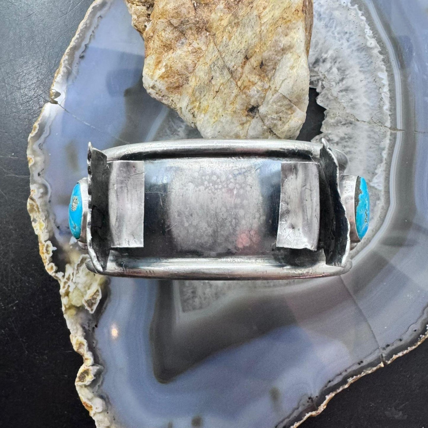 Roy Vandever Vintage Silver 2 Turquoise & 2 Coral Decorated Watch Cuff For Women