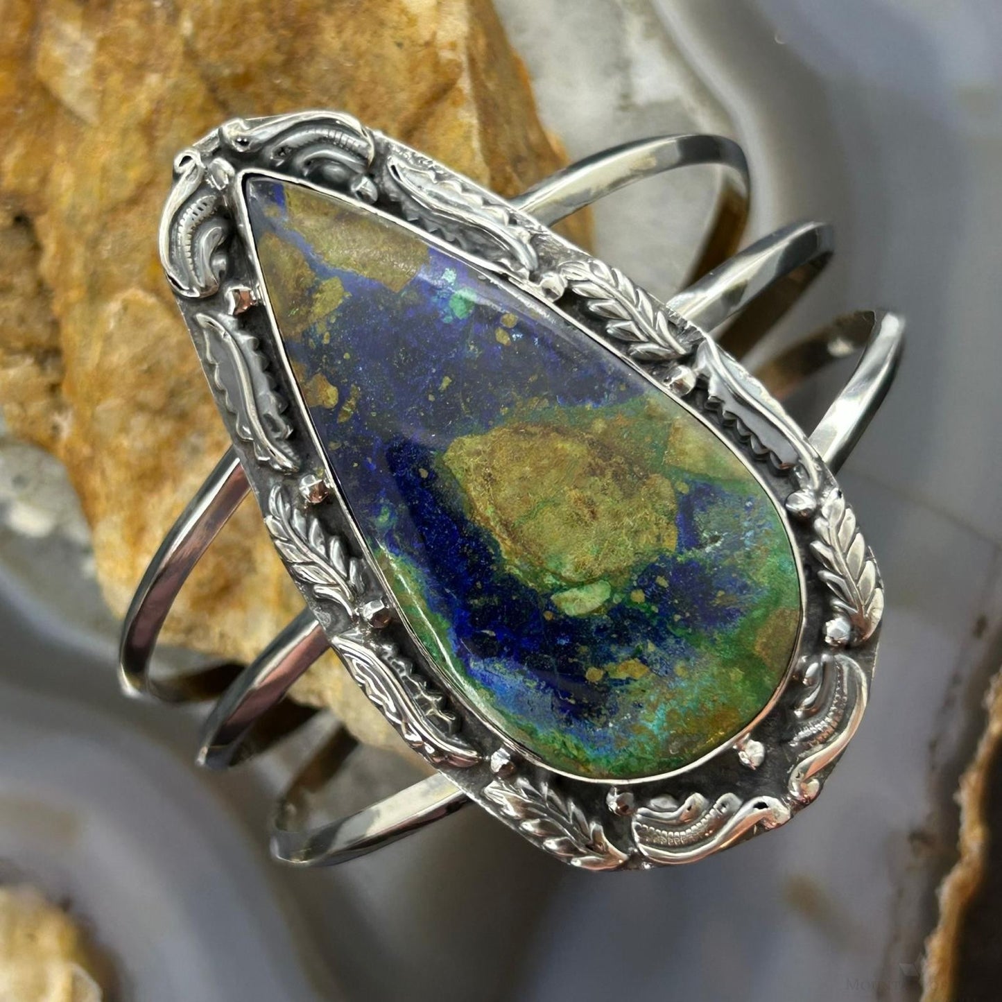Sterling Silver Southwestern Style Large Teardrop Azurite Malachite Bracelet For Women