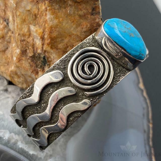 Alex Sanchez Native American Sterling Silver Turquoise and Petroglyph Bracelet For Women