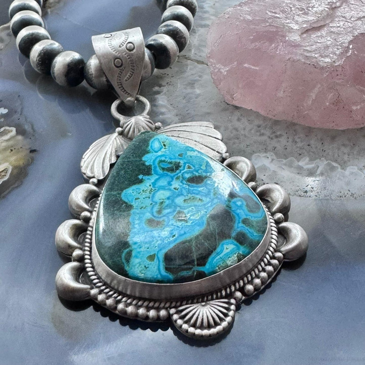 Sterling Silver Southwestern Style Large Teardrop Azurite Malachite Decorated Pendant For Women