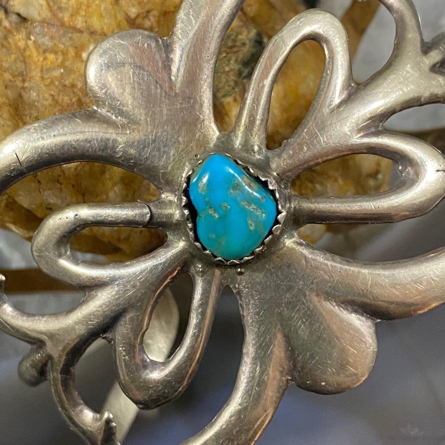 Vintage Native American Sterling Silver Turquoise Sand Cast Bracelet For Women