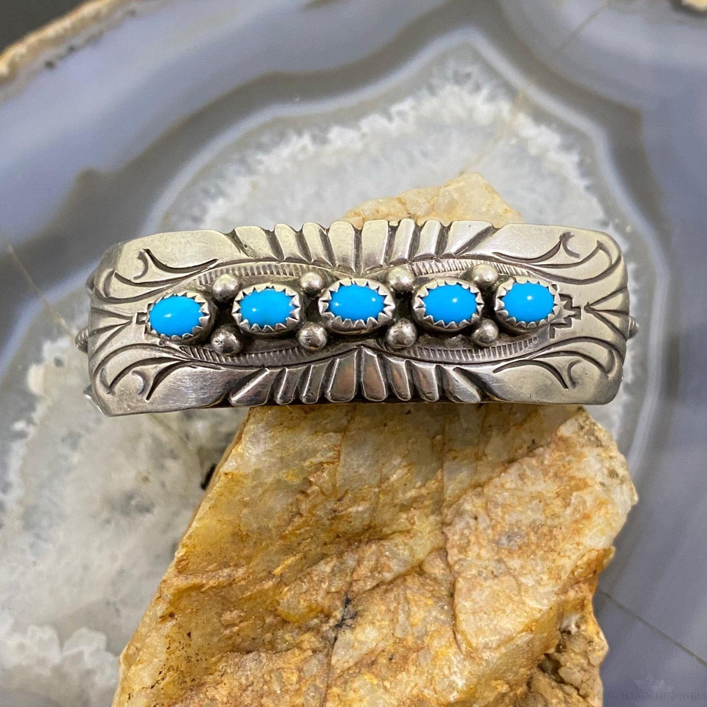 Vintage Native American Silver Turquoise Row Stamped Overlay Cuff For Women