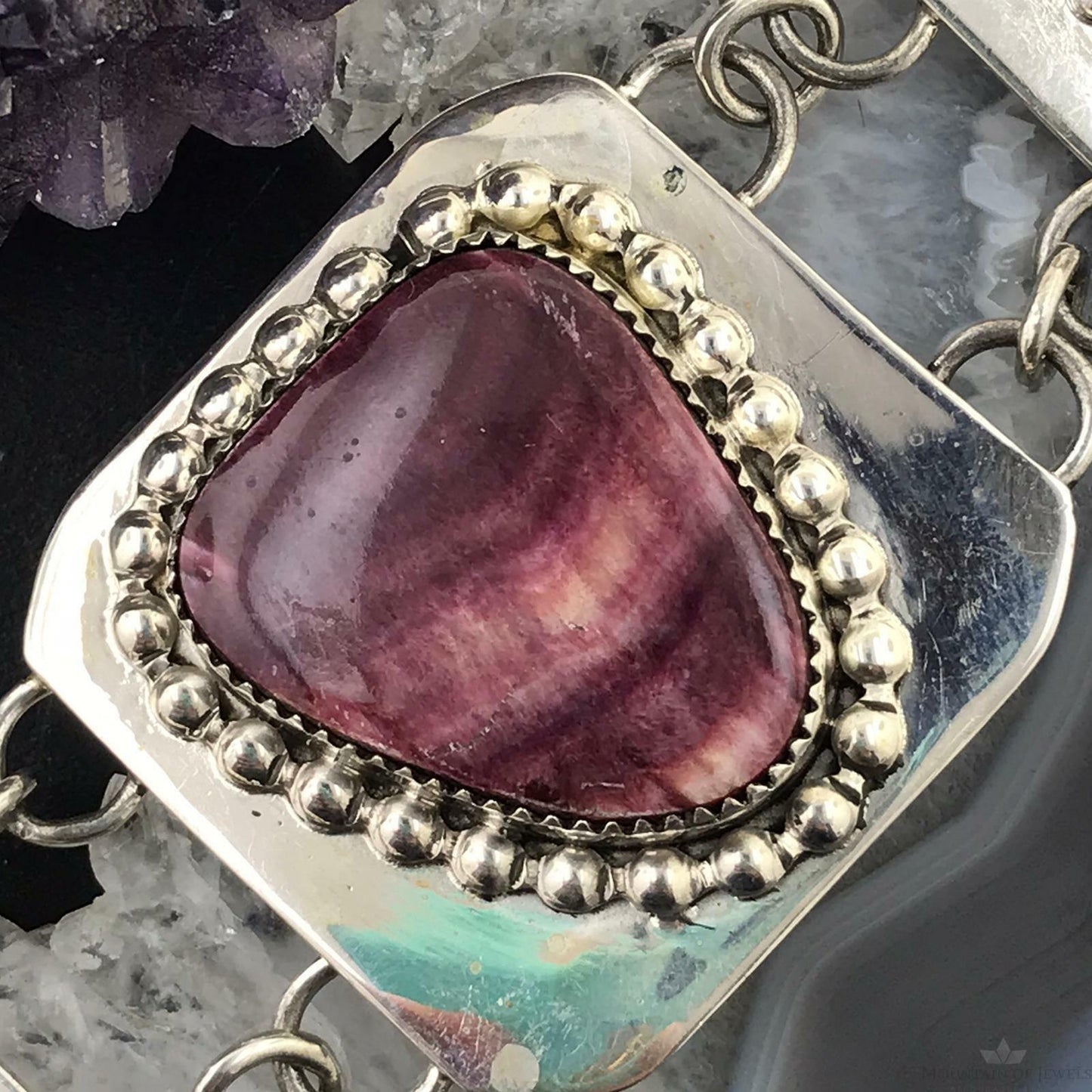 Native American Sterling Silver Spiny Oyster Adjustable Link Bracelet For Women, Signed KRZ- Key Rey Coriz