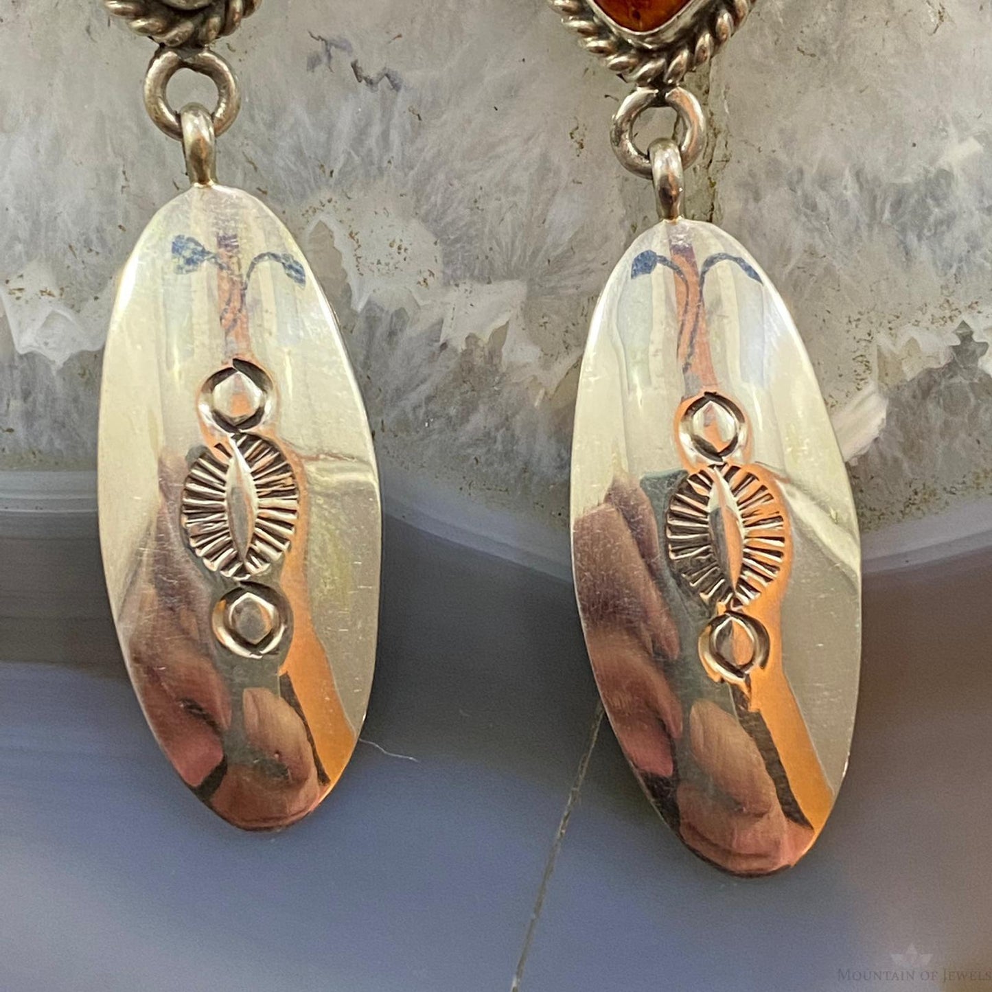 Native American Sterling Silver Teardrop Spiny Oyster Dangle Earrings For Women