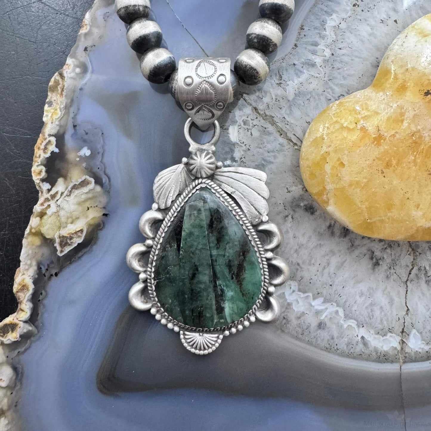 Sterling Silver Southwestern Style Teardrop Natural Emerald Decorated Pendant For Women
