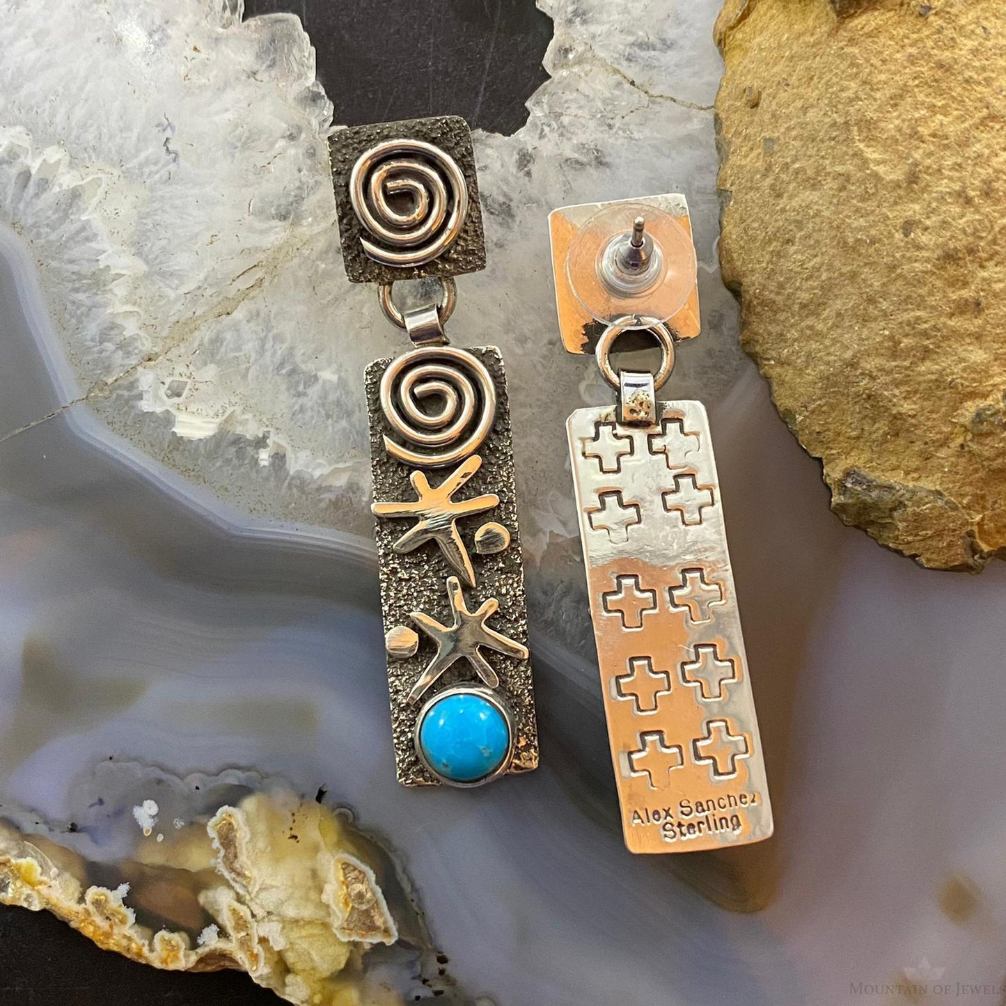 Alex Sanchez Native American Sterling Silver Turquoise Petroglyph Earrings