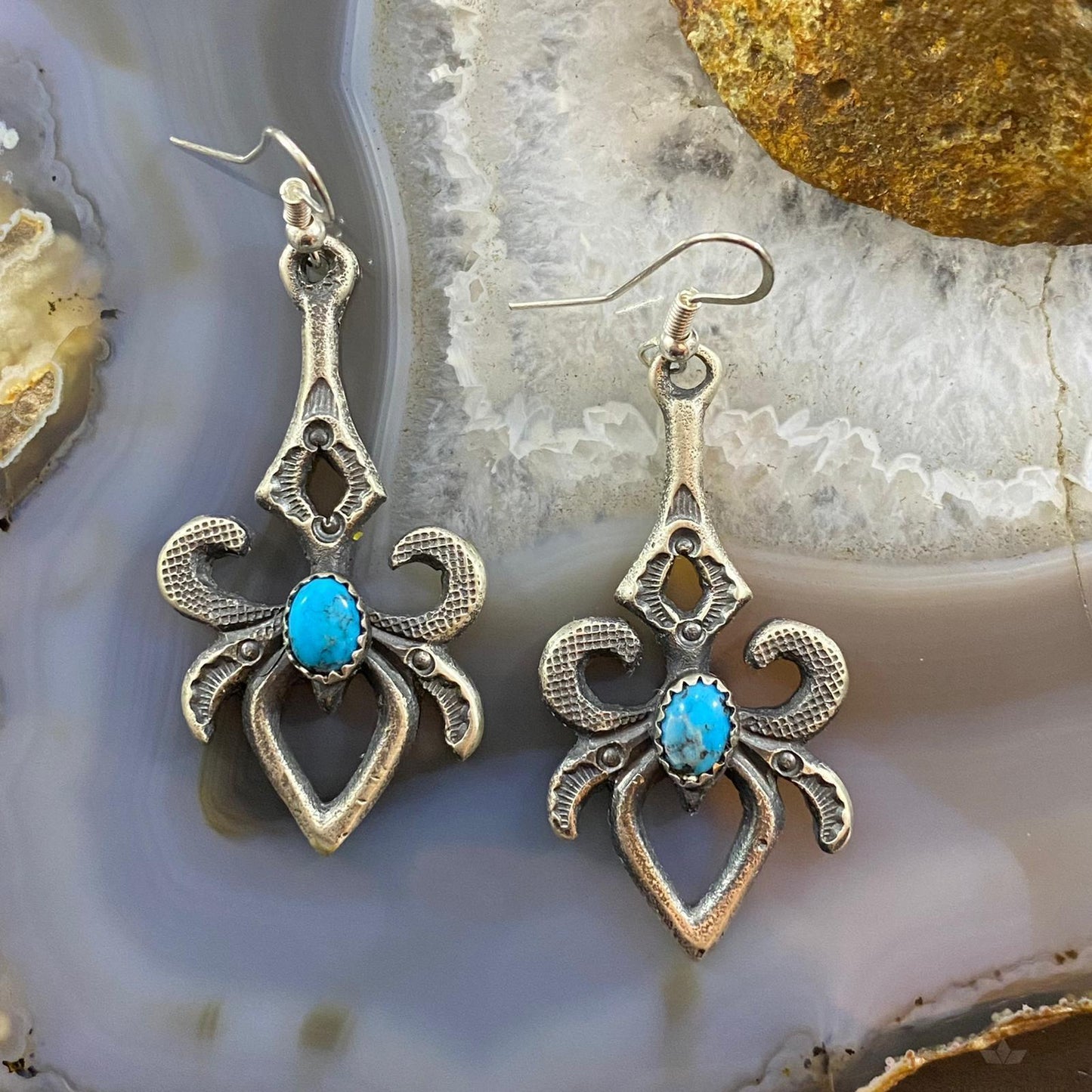 Kevin Billah Sterling Silver Stamped Sand Cast w/Kingman Turquoise Dangle Earrings