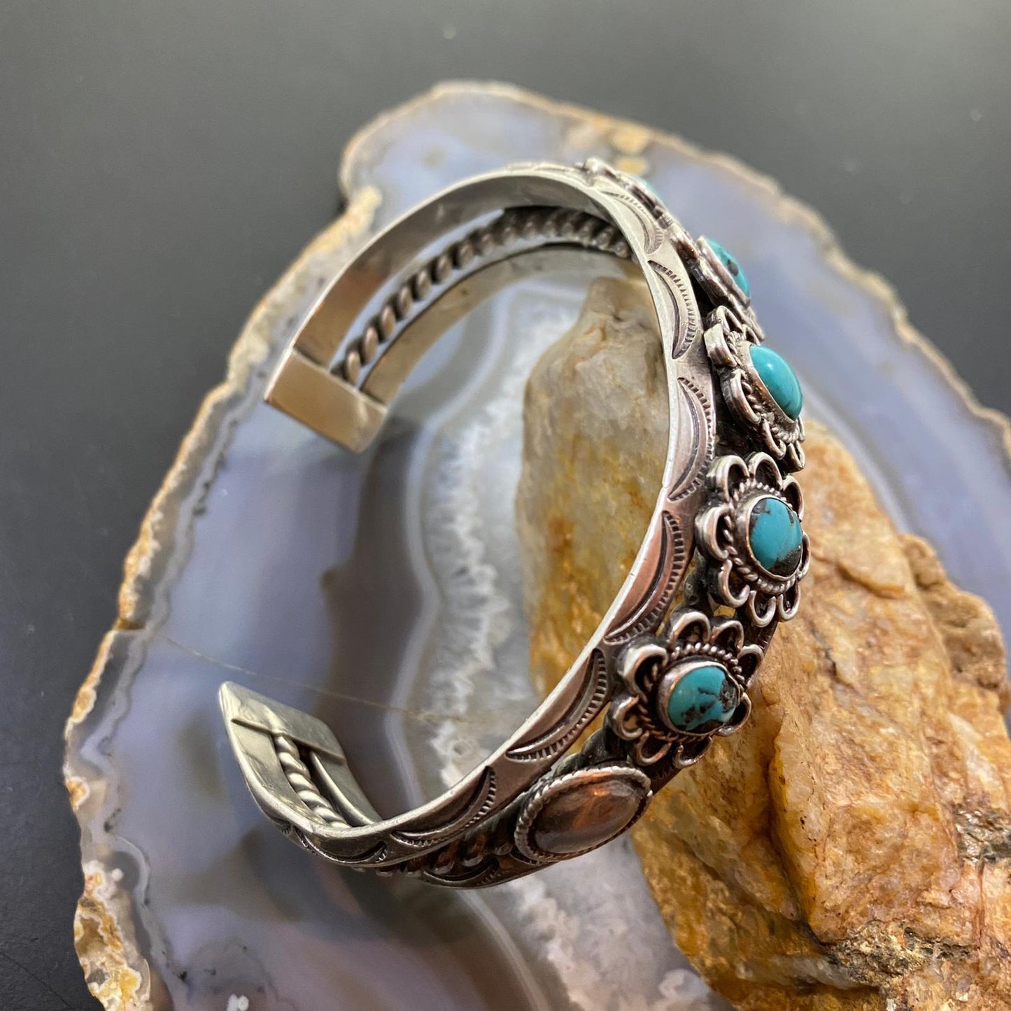 Vintage Native American Silver Oval Turquoise Floral Bracelet For Women