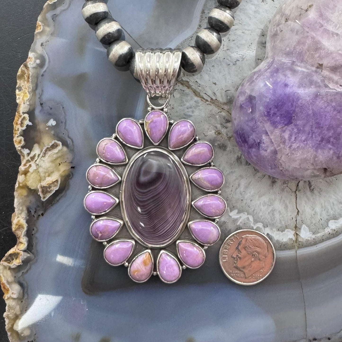 Native American Sterling Silver Wampum & Phosphosiderite Cluster Pendant For Women