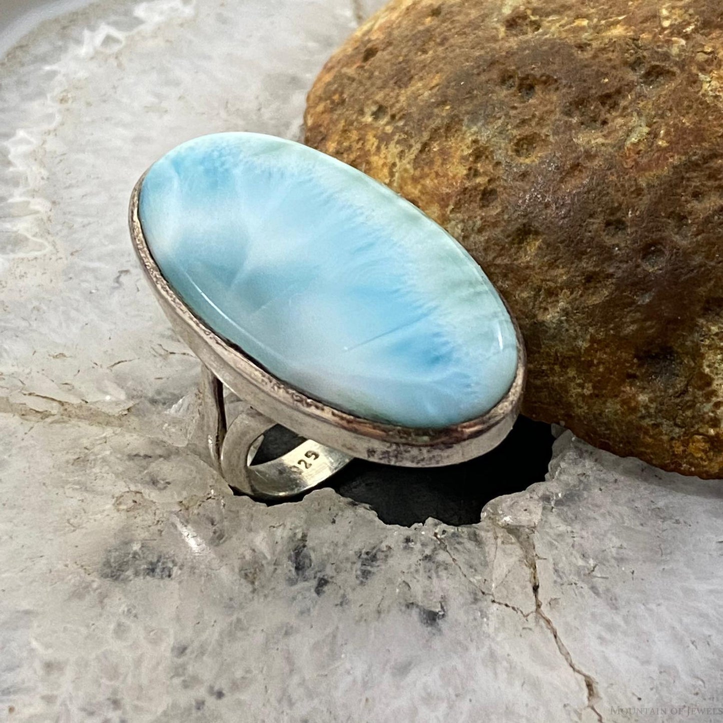 Sterling Silver Oval Larimar Split Shank Ring Size 7.75 For Women