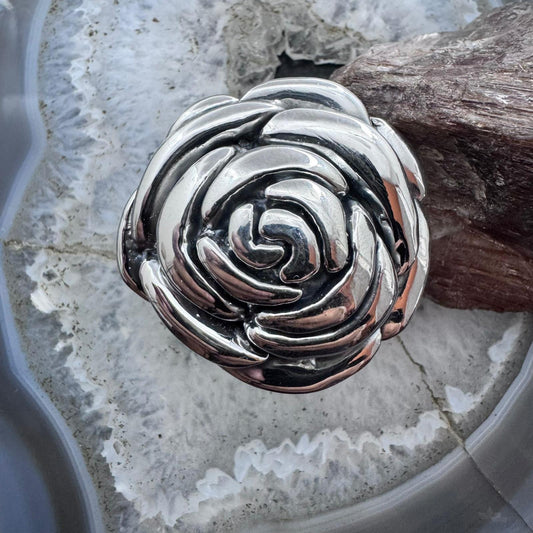 Sterling Silver Electroform Large Rose Fashion Ring For Women, Taxco Mexico