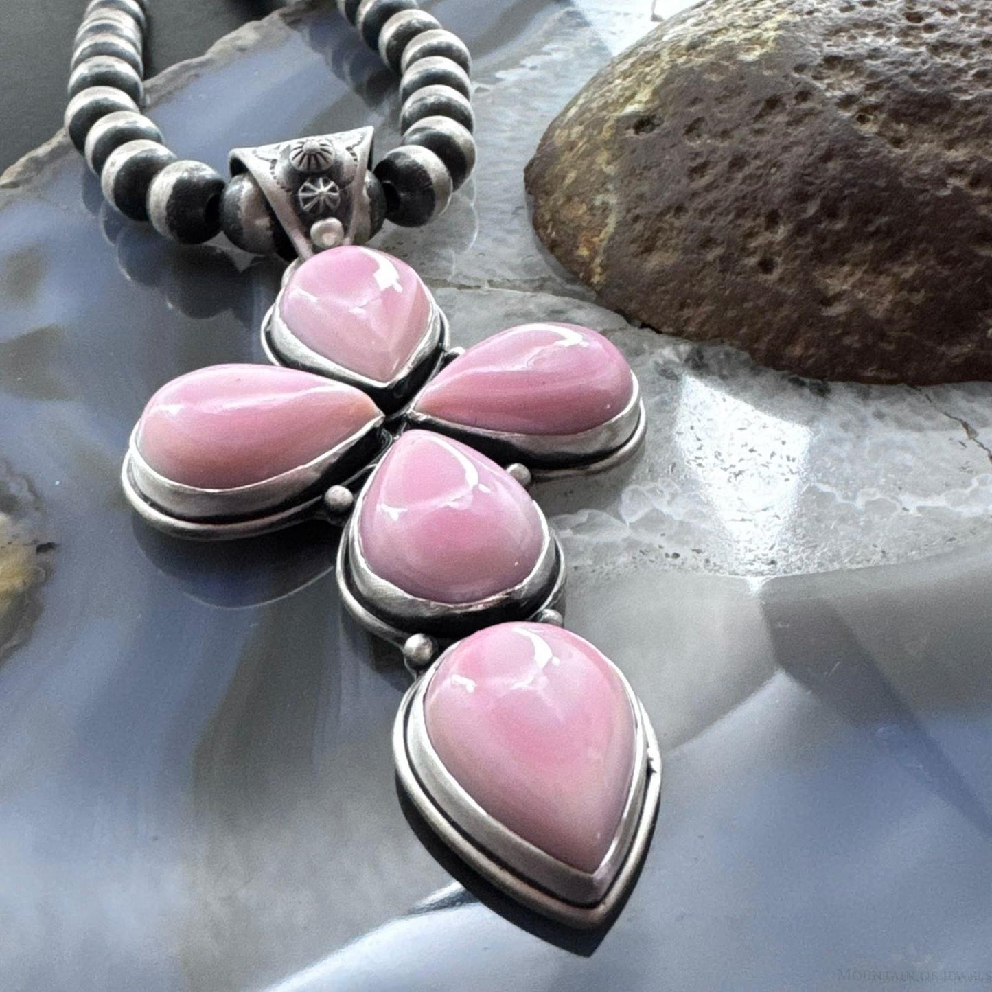 Native American Sterling Silver Teardrop Pink Conch Cross Pendant For Women