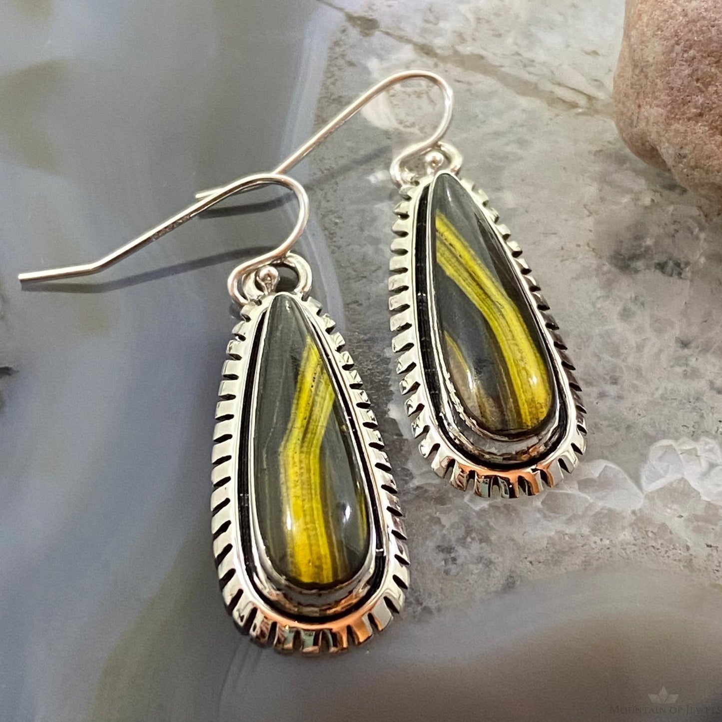 Native American Sterling Silver Teardrop Unique Bumblebee Jasper Dangle Earrings