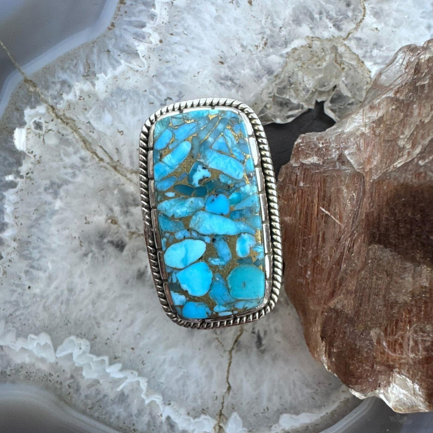 Sterling Silver Southwestern Style Blue Copper Turquoise Ring Size 9.25 For Women