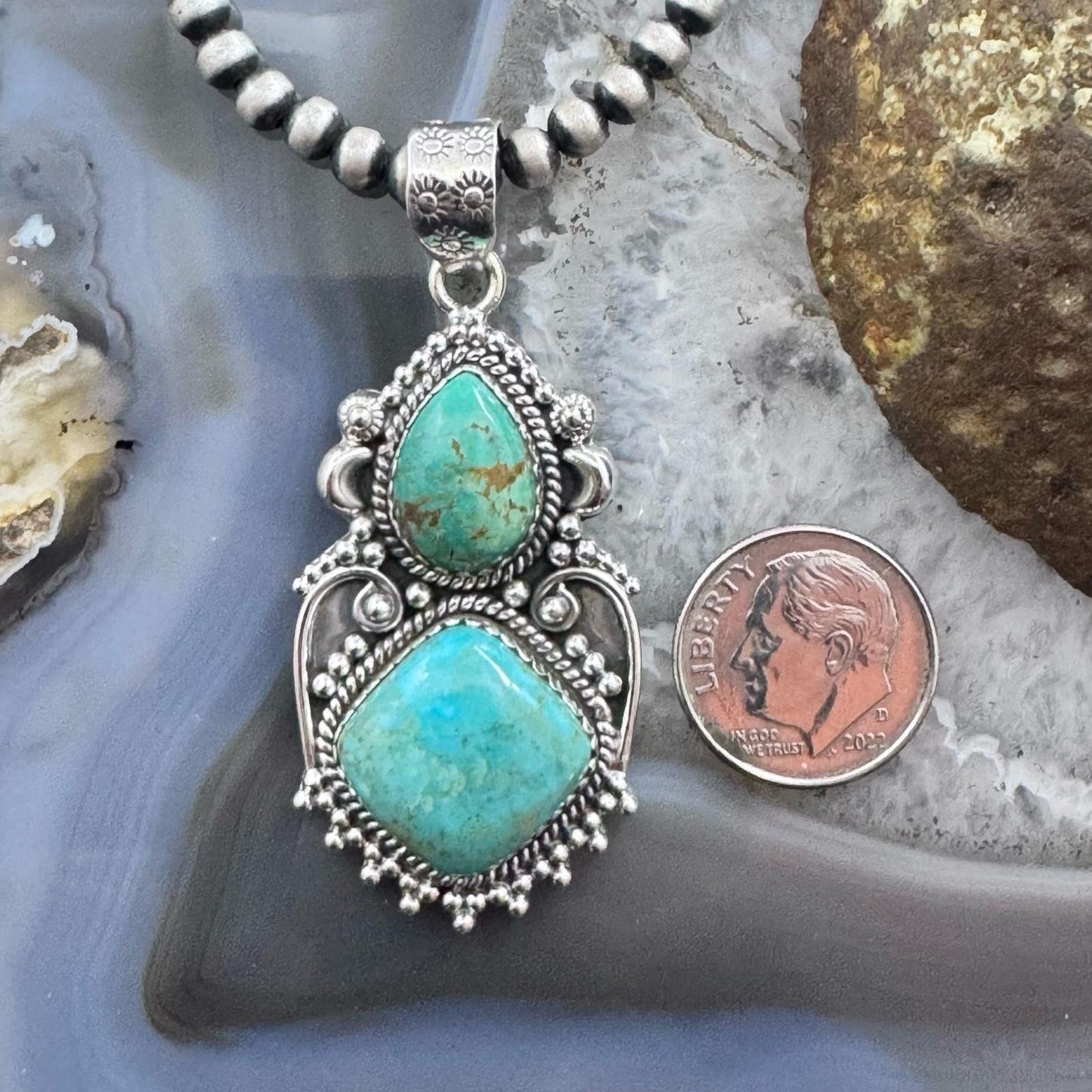 Sterling Silver Southwestern Style 2 Turquoise Decorated Large Pendant For Women
