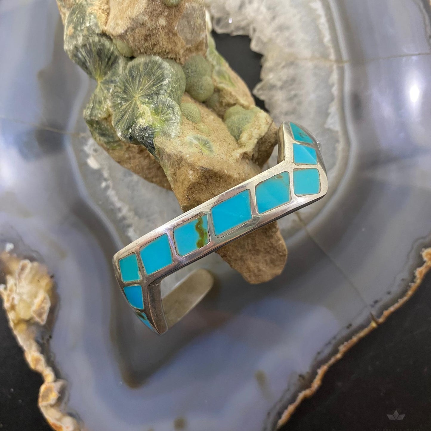 Vintage Native American Silver Turquoise Inlay Heavy Gauge Bracelet For Women