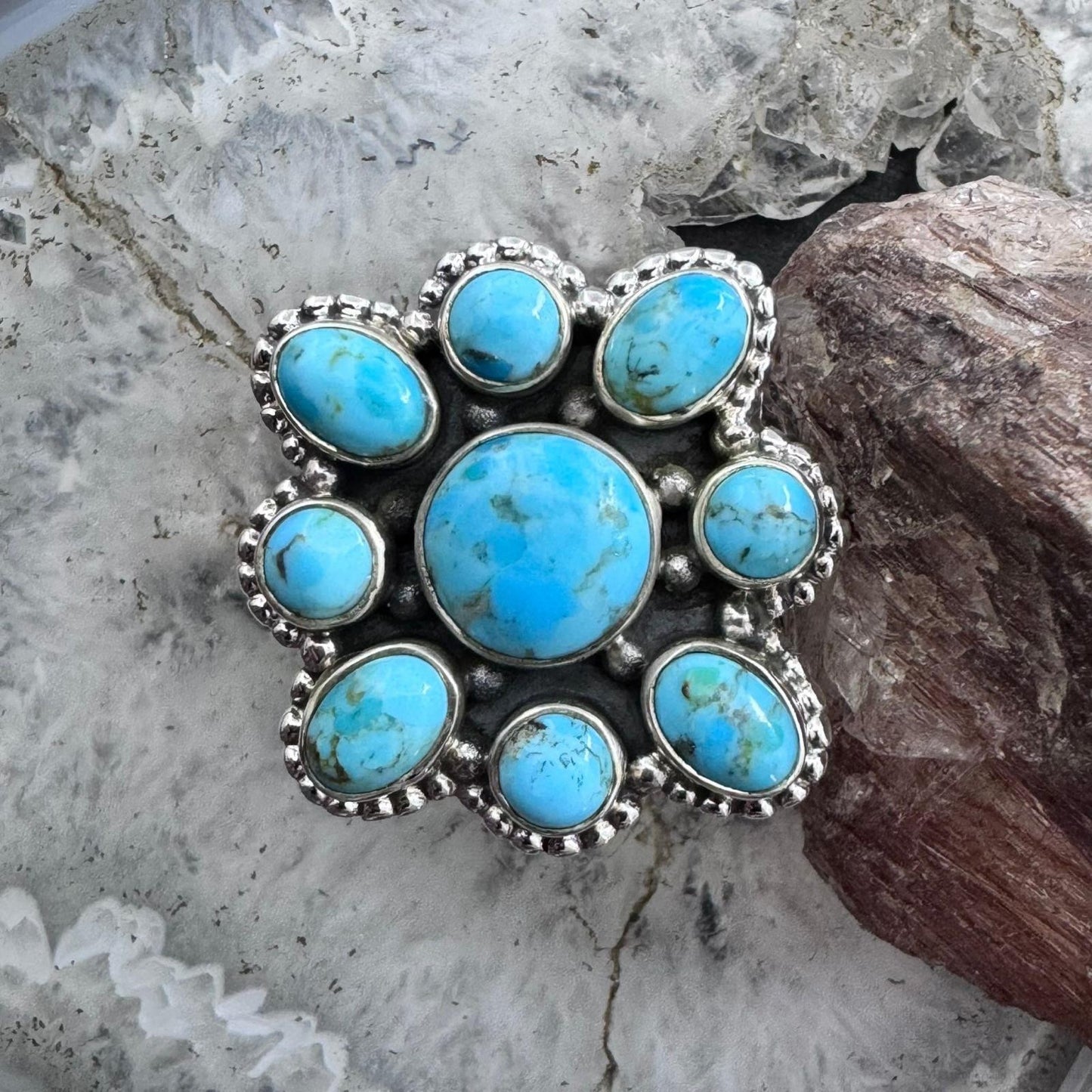 Sterling Silver Southwestern Style Composite Turquoise Cluster Adjustable Ring For Women