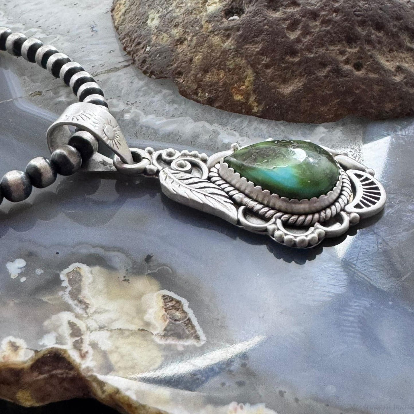 Sterling Silver Southwestern Style Teardrop Sonora Gold Turquoise Decorated Pendant For Women
