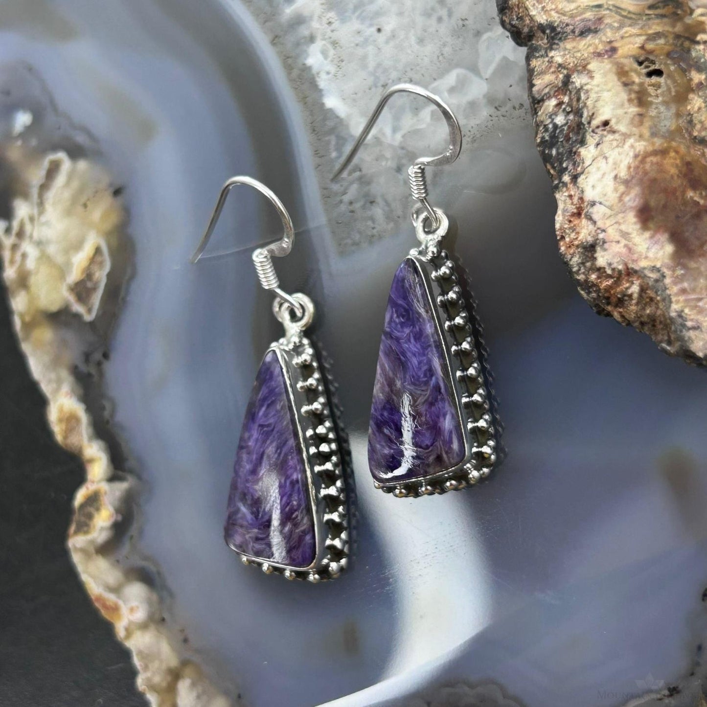 Sterling Silver Southwestern Style Triangle Charoite Dangle Earrings For Women