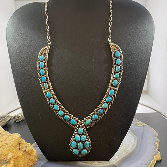Vintage Native American Sterling Silver Turquoise Cluster Adj.18" Necklace