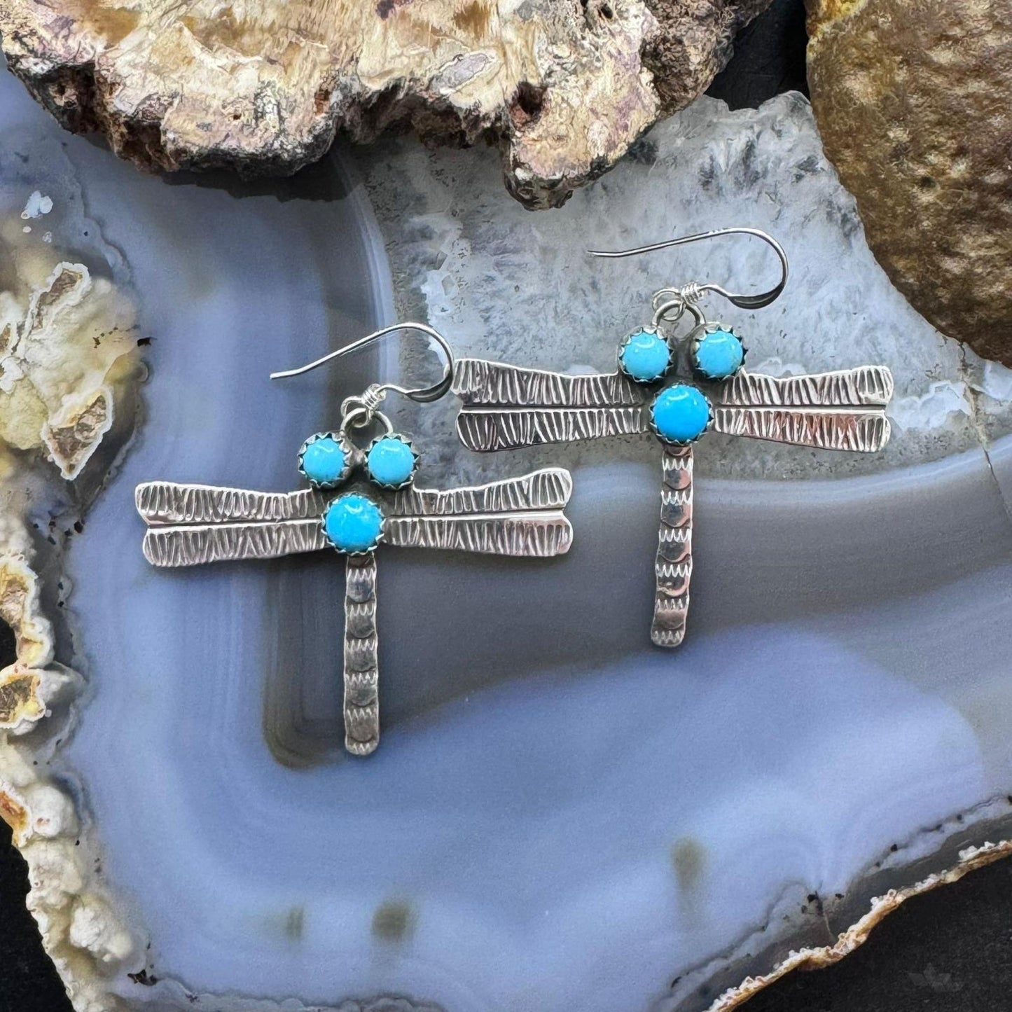 Brad Panteah Sterling Silver Dragonfly w/3 Turquoise Dangle Earrings For Women