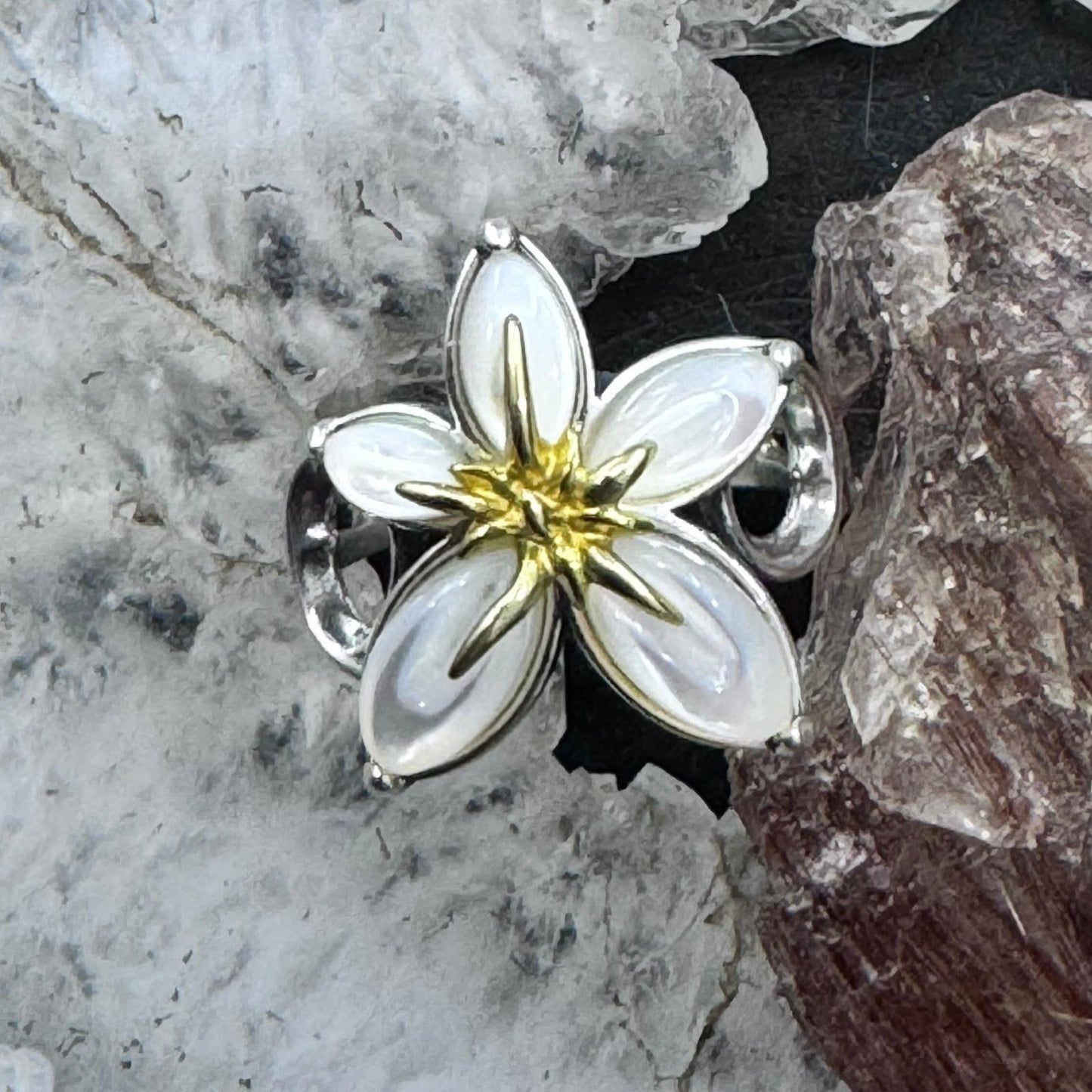 Carolyn Pollack Sterling Silver & Brass 5 Mother of Pearl Petals Flower Ring For Women