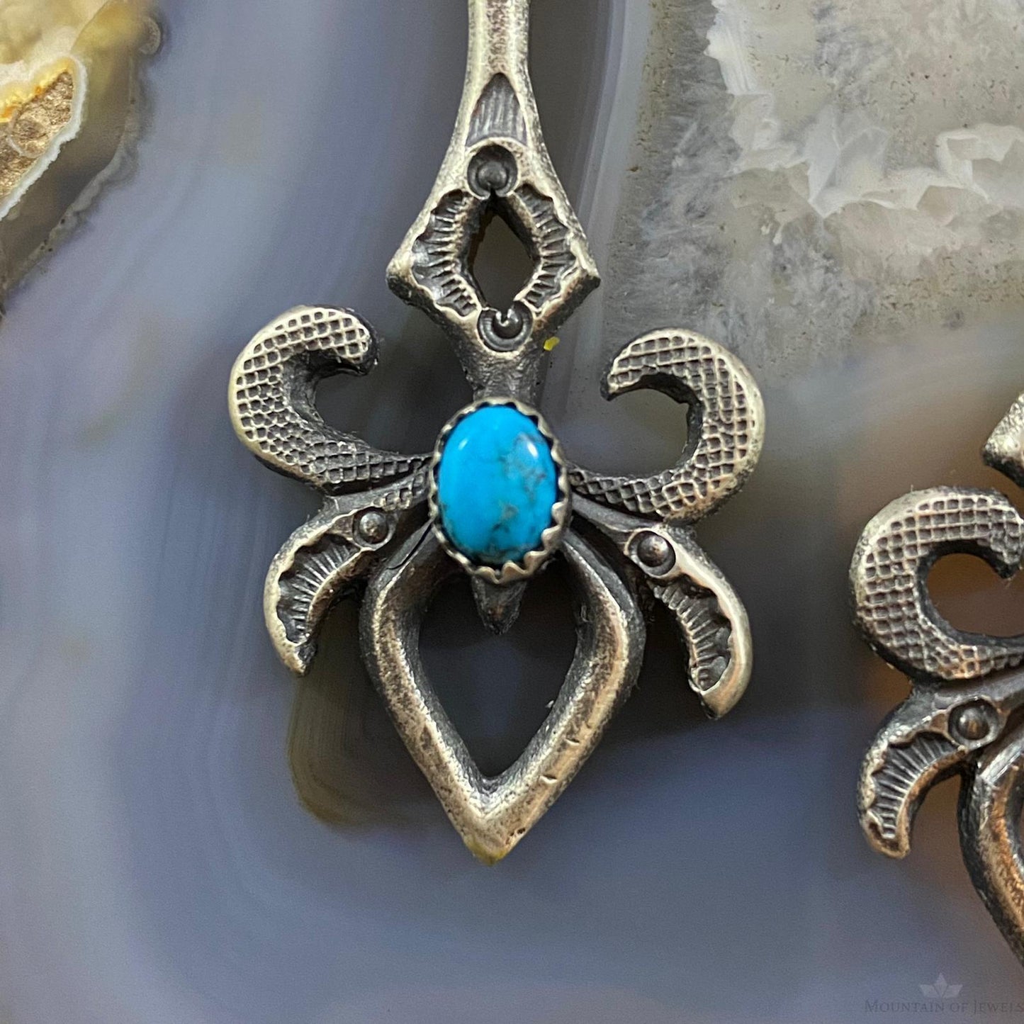 Kevin Billah Sterling Silver Stamped Sand Cast w/Kingman Turquoise Dangle Earrings