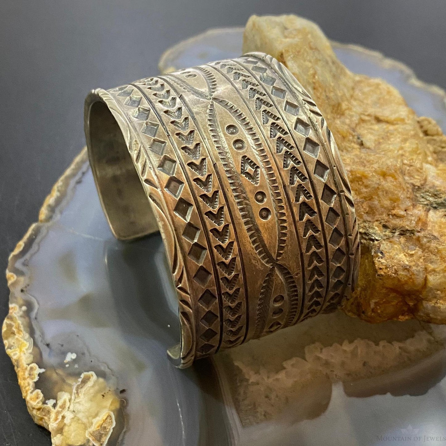 Tawney Cruz-Willie Native American Sterling Silver Wide Stamped Bracelet For Women #1