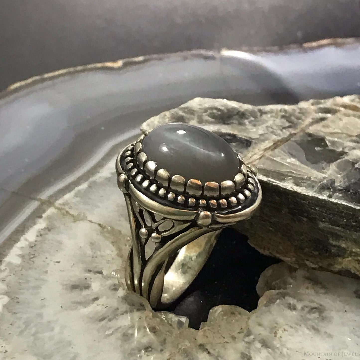 Carolyn Pollack Sterling Silver Oval Gray Agate Decorated Ring Size 9 For Women