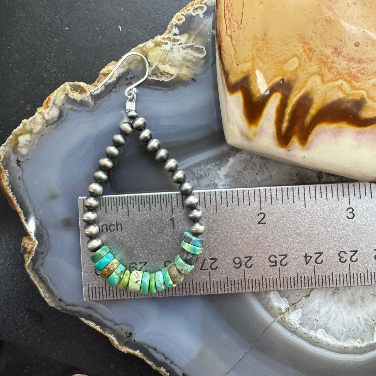 Sterling Silver Navajo Pearl Southwester Style & Turquoise Bead Hoop Earrings For Women