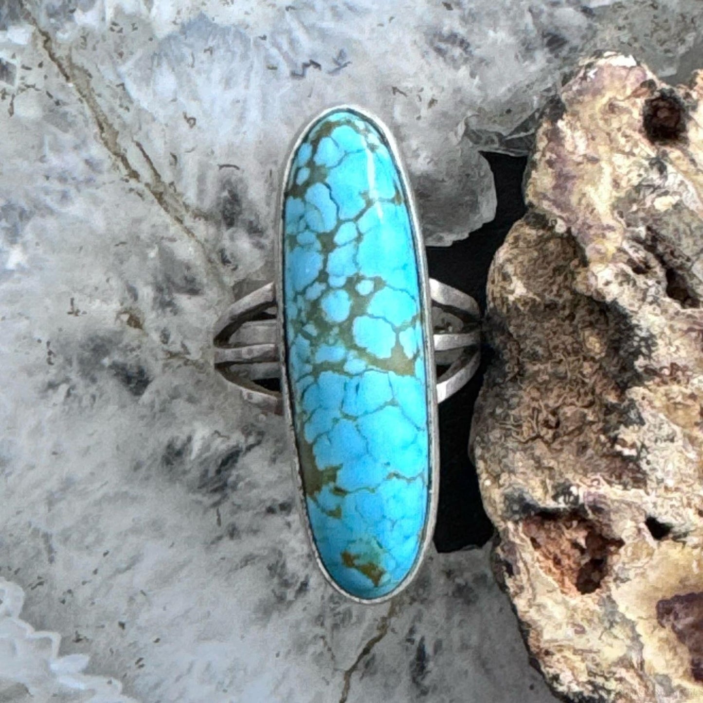 Native American Sterling Silver Elongated Turquoise Ring Size 6.25 For Women