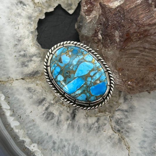 Sterling Silver Southwestern Style Oval Blue Copper Turquoise Ring Size 8.5 For Women
