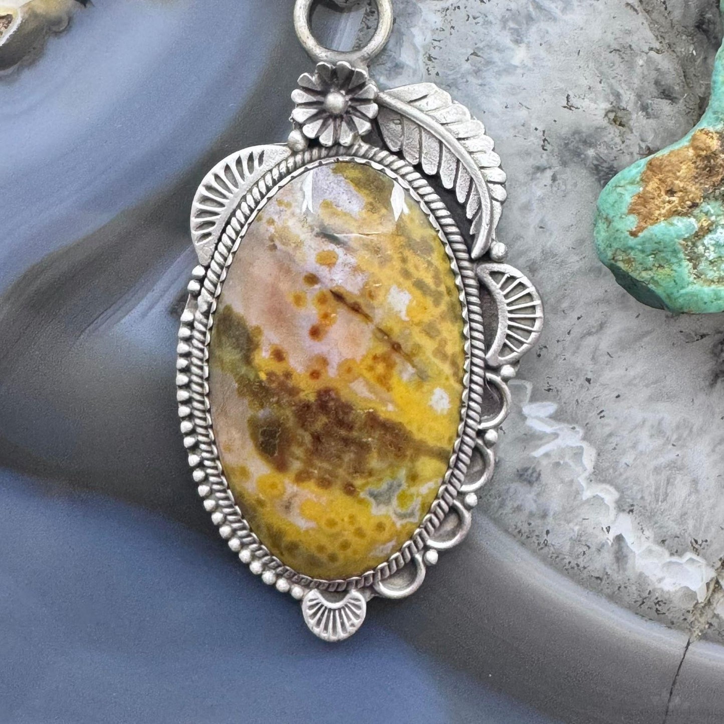Sterling Silver Southwestern Style Oval River Jasper Decorated Pendant For Women