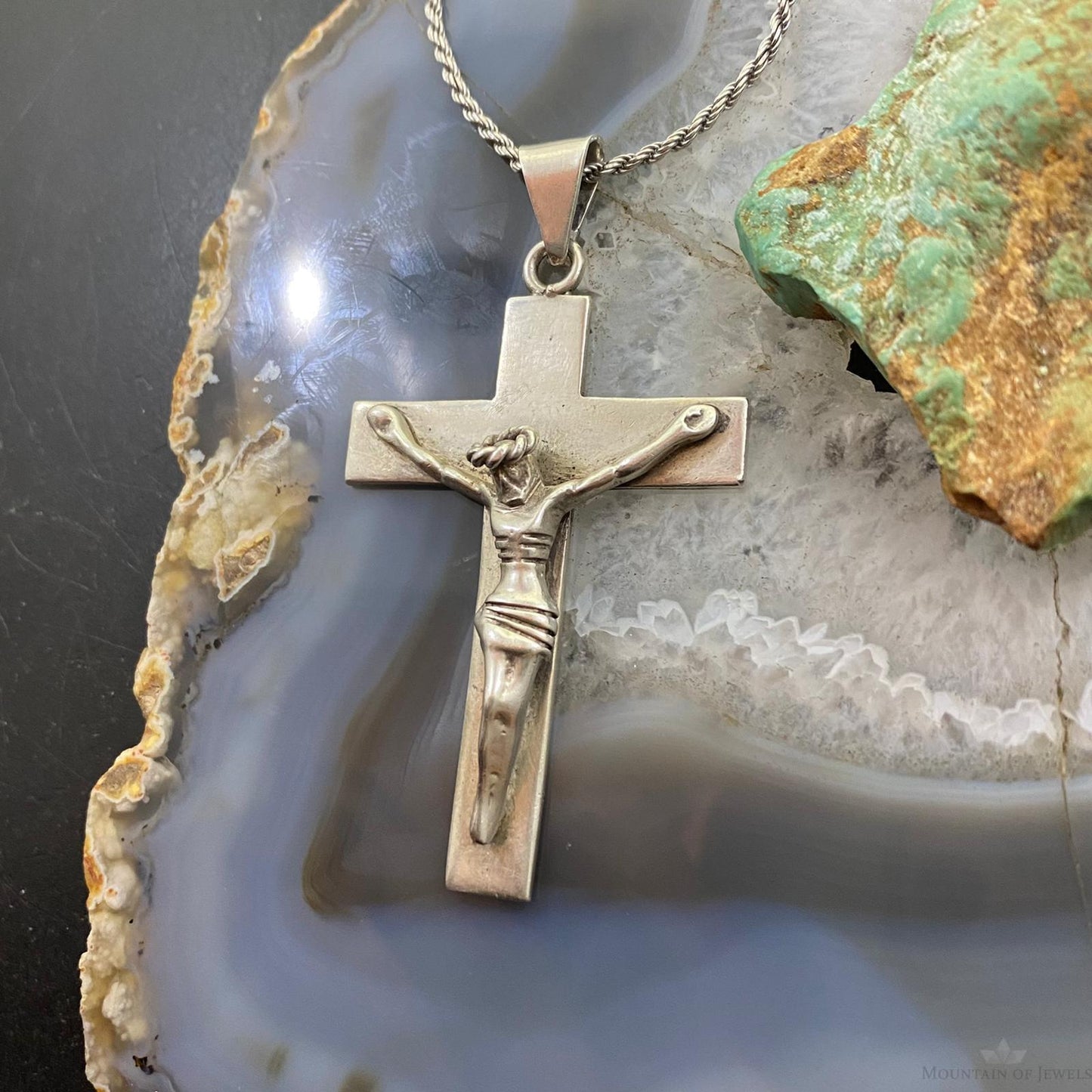 Vintage Sterling Silver Crucifix Pendant with Sterling Rope Necklace 20"