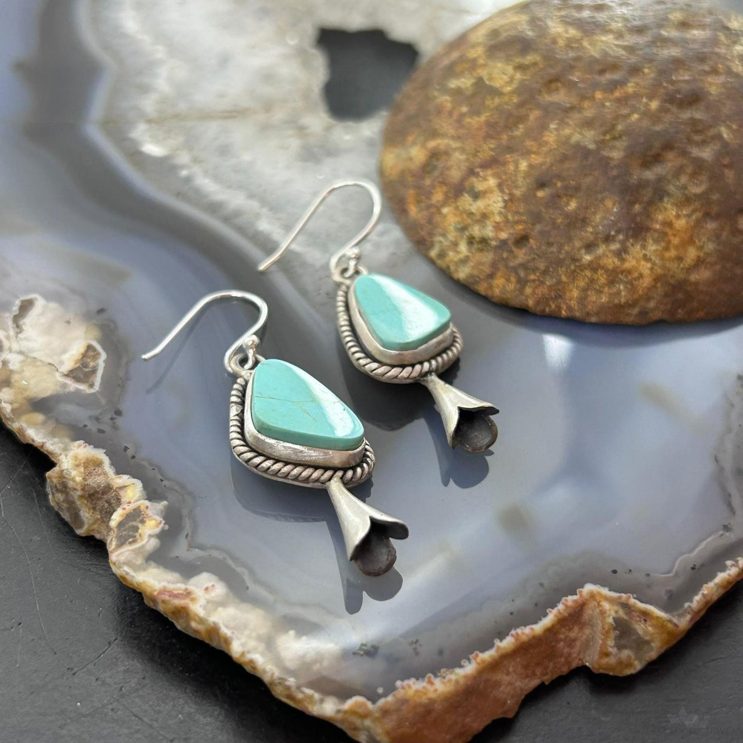 Sterling Silver Southwestern Style Turquoise Squash Blossom Dangle Earrings For Women #2